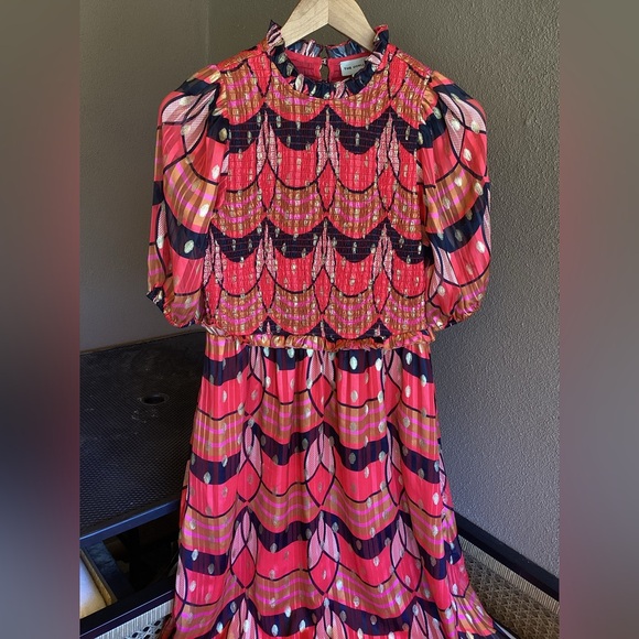 The Odells Metallic Mock Neck Long Sleeve Tiered Midi Cocktail Dress - Picture 3 of 6